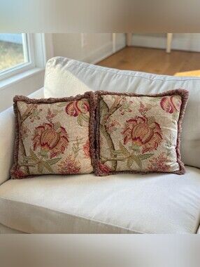 Set of 2 Rose Tree Jacobean Fringed Throw Accent Pillows Decorative